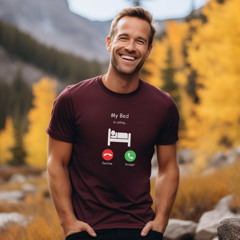 Introducing the ultimate t-shirt for all those who love their bed more than anything else - the My Bed Is Calling tee! Featuring a hilarious stick figure lying in bed, this tee is the perfect way to show off your love for all things cool and comfortable.